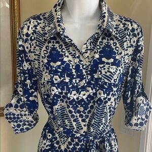 CAbi Blue and White Patterned Long Sleeve Shirtdress, Rolltab Option, Size M